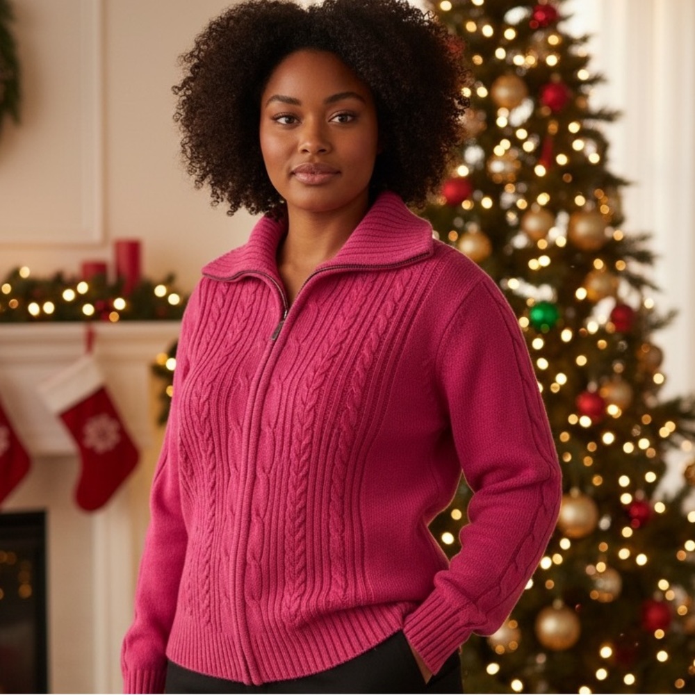 CAROLYN TAYLOR RASPBERRY PINK KNIT FULL ZIP CARDIGAN SWEATER Size L Cable Knit